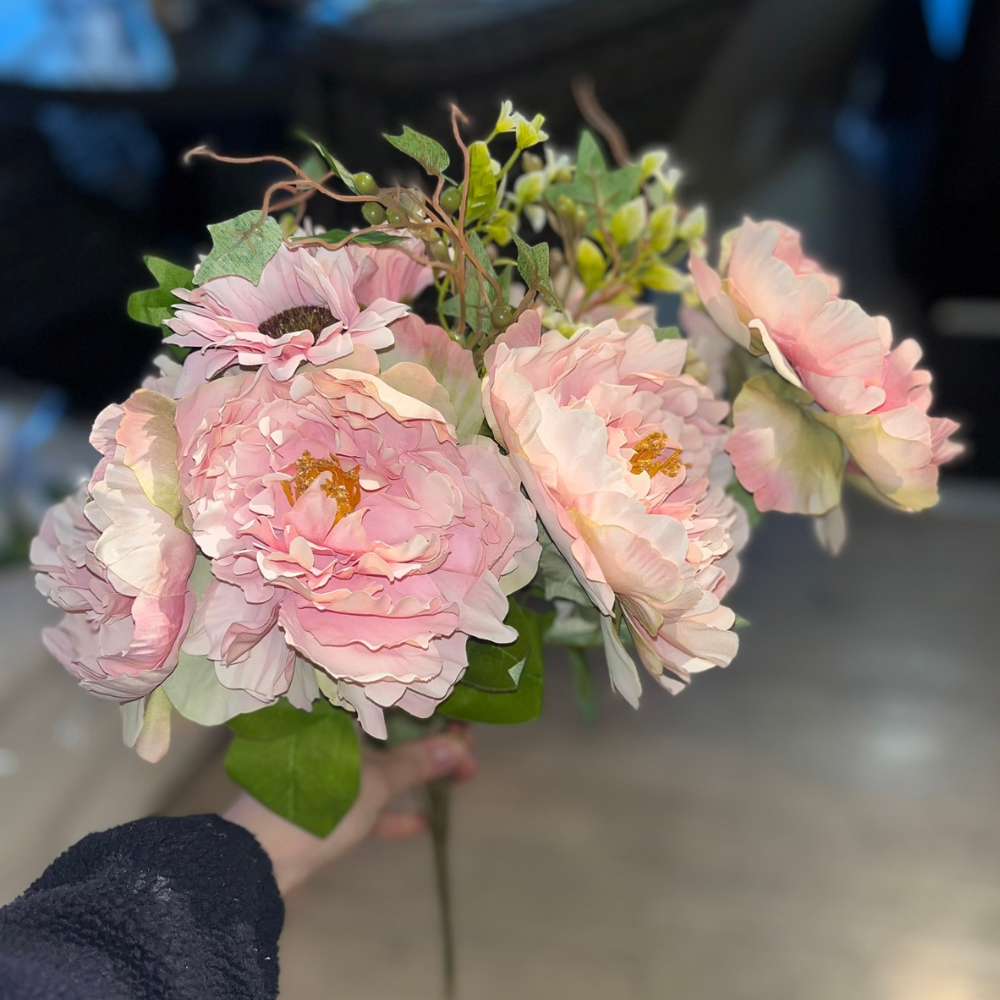 Pink Peony & Mixed Foliage Stem
