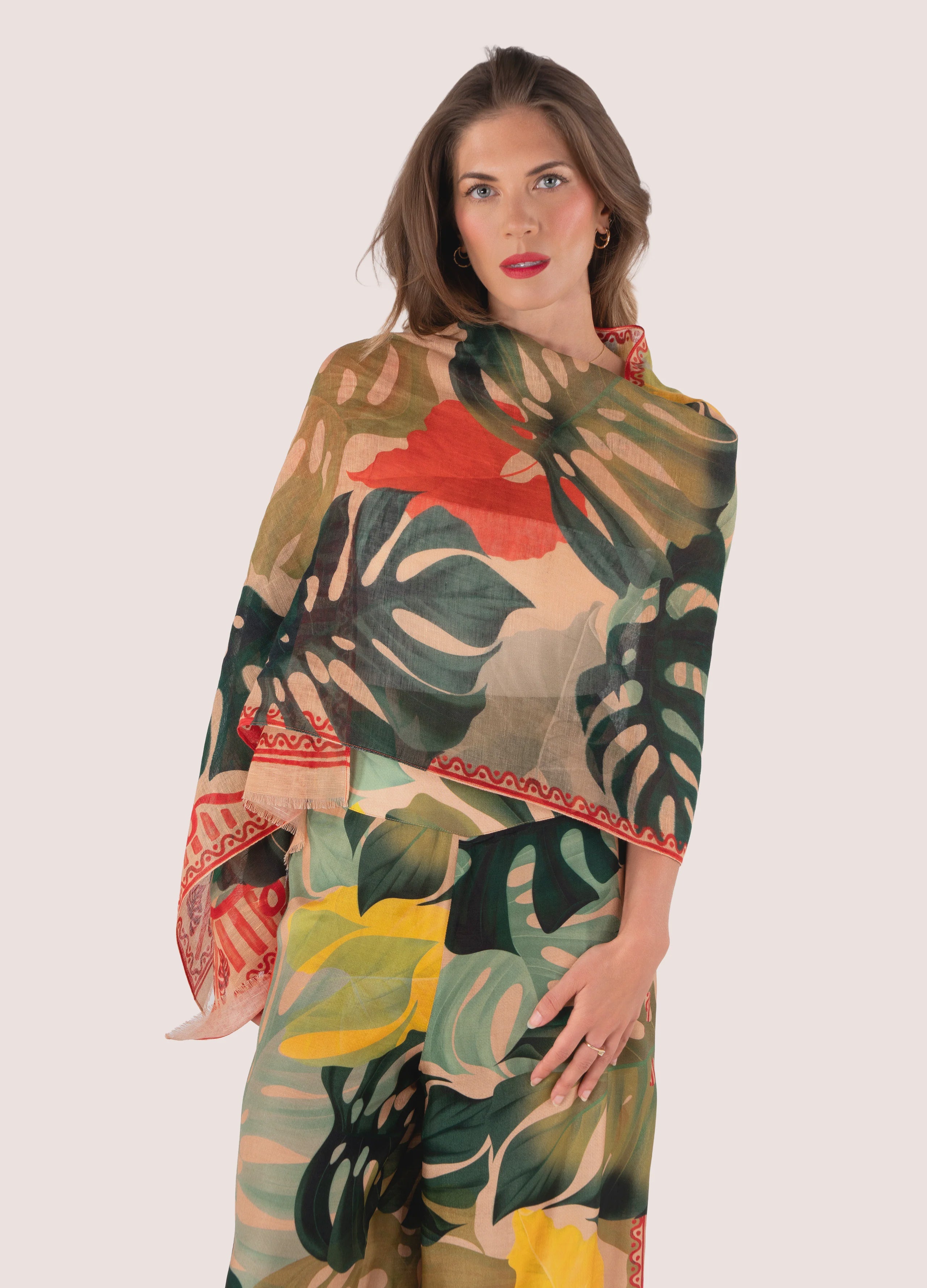 Exotic Leaves Linen/Cotton Mix Scarf