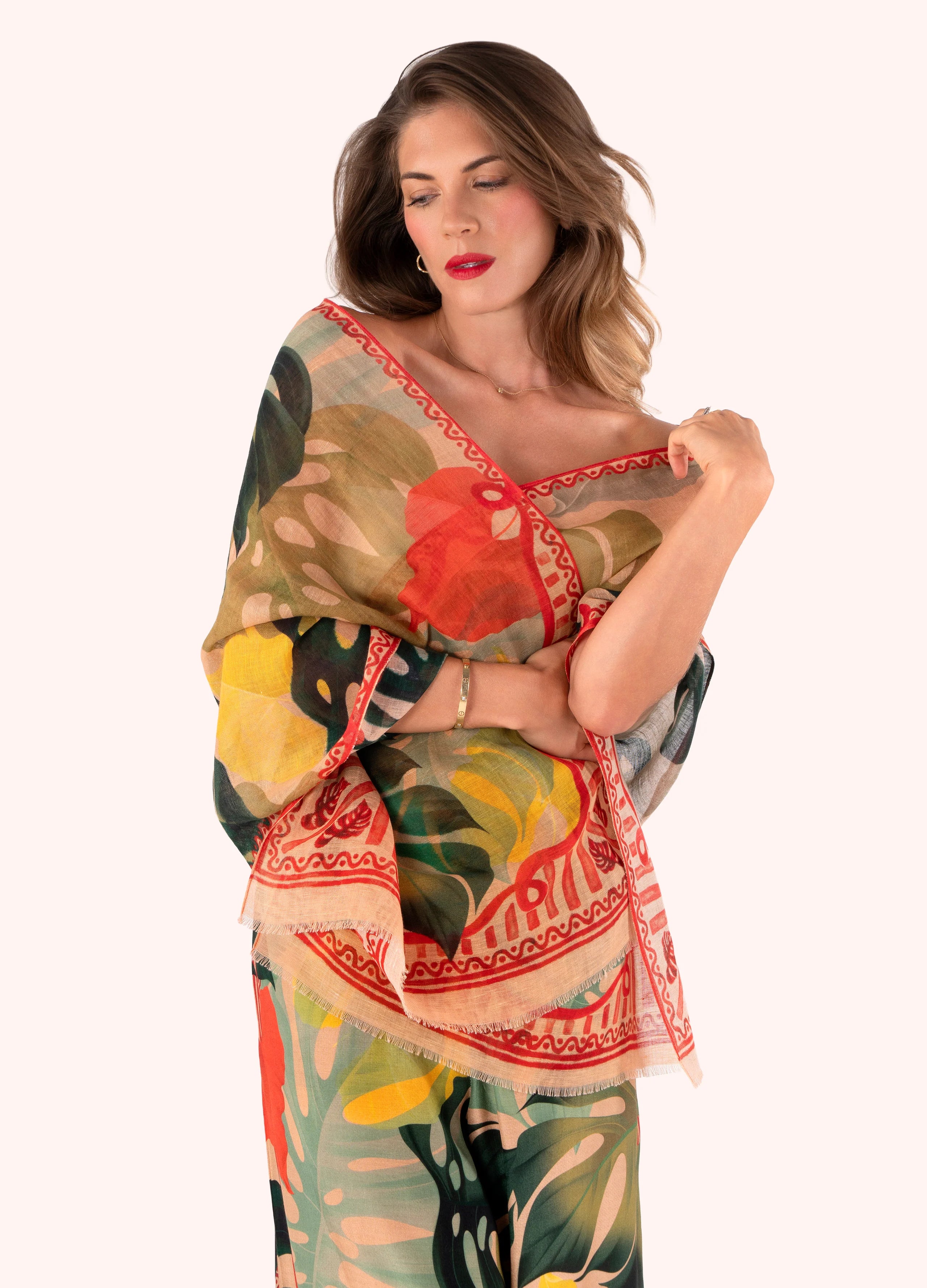 Exotic Leaves Linen/Cotton Mix Scarf