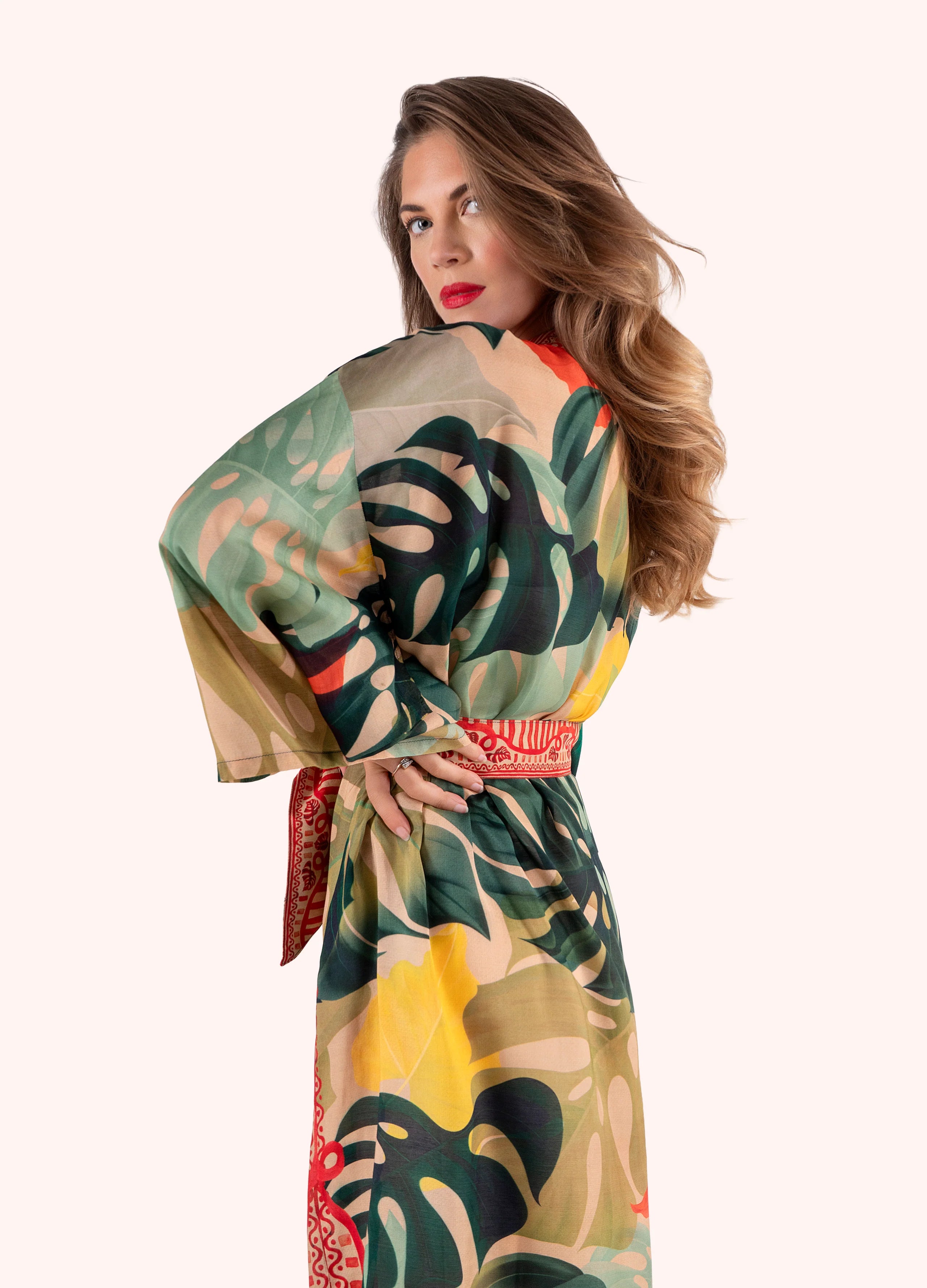 Exotic Leaves Modal/Cupro Long Kimono Gown