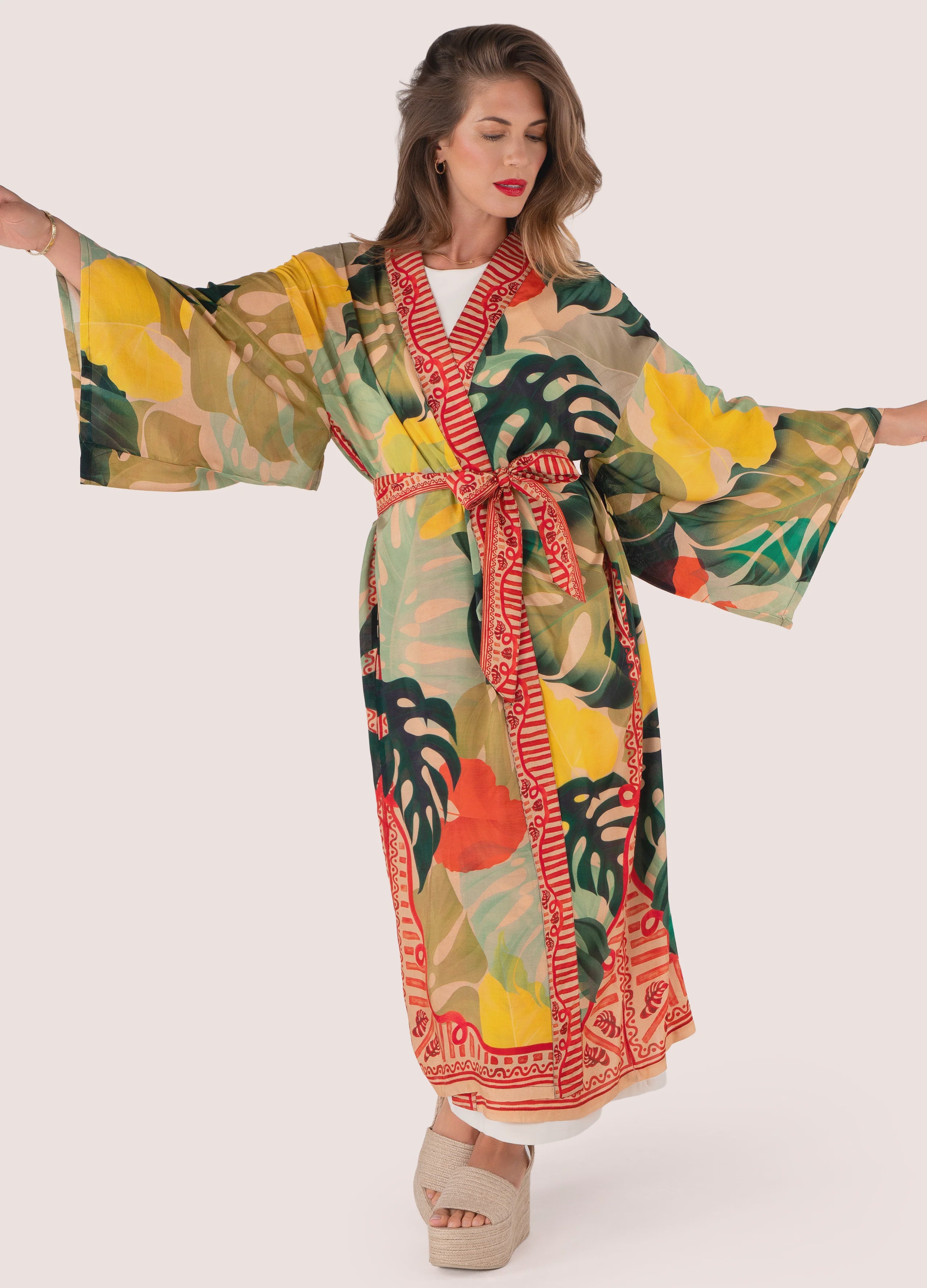 Exotic Leaves Modal/Cupro Long Kimono Gown
