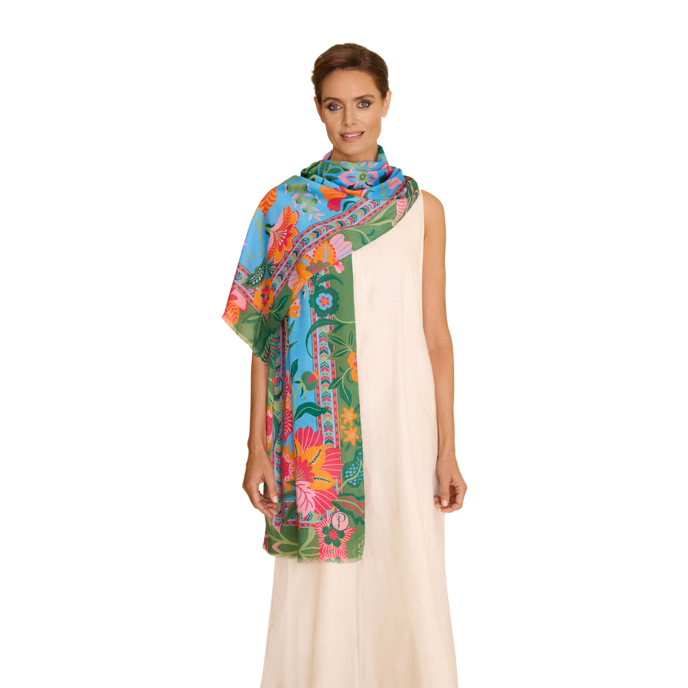 Folky Floral Cotton Scarf - Cornflower