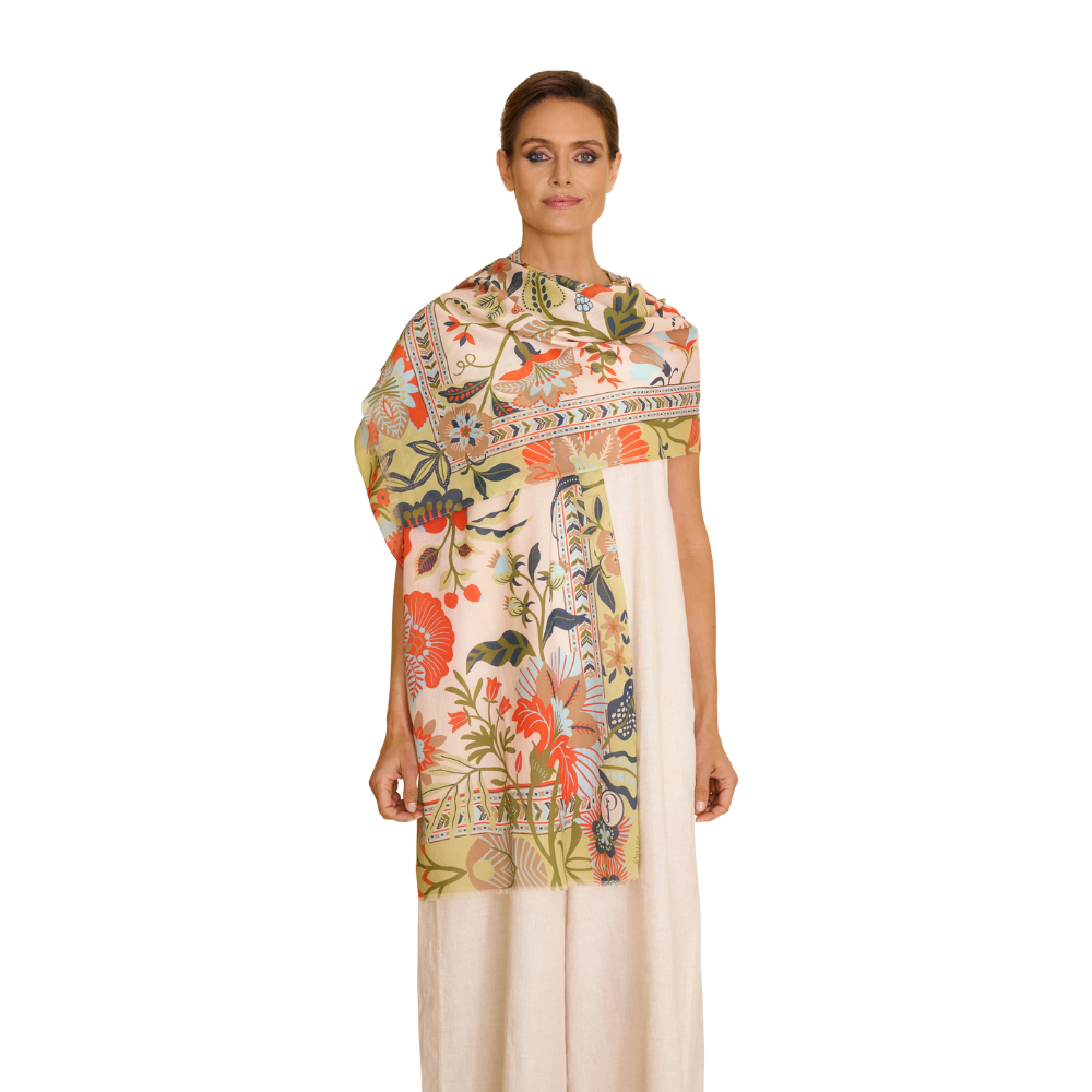 Folky Floral Cotton Scarf - Coconut