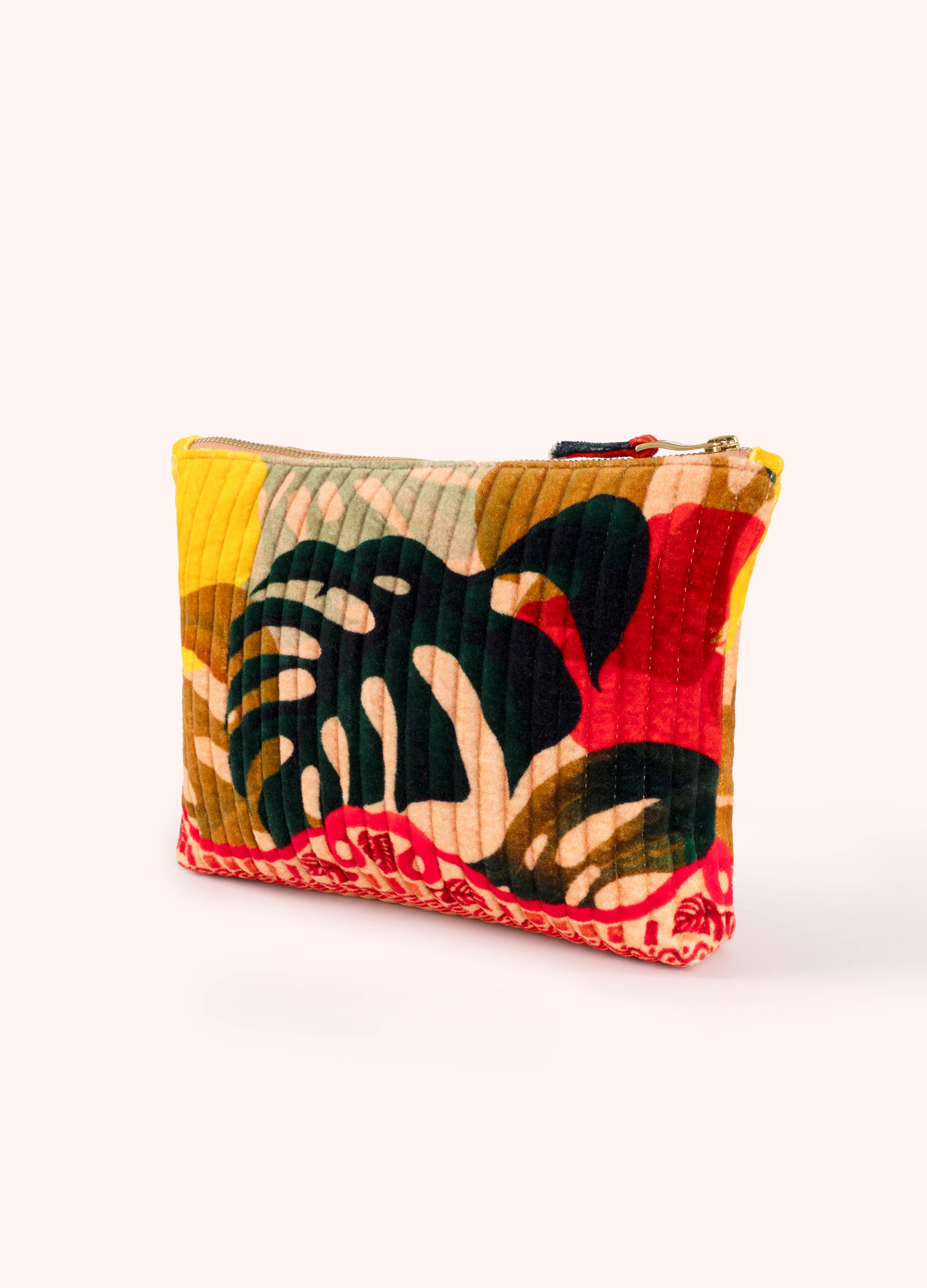 Quilted Velvet Zip Pouch - Exotic Leaves