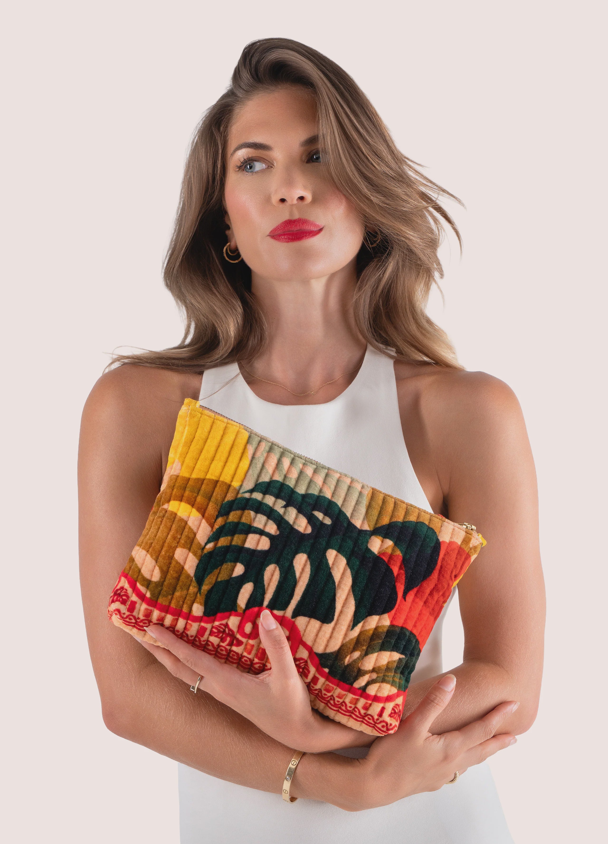 Quilted Velvet Zip Pouch - Exotic Leaves