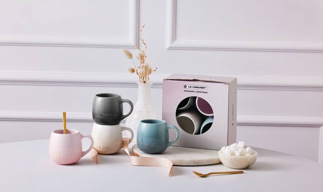 le creuset 4 320ml sphere mug meringue, shell pink, sea salt, flint