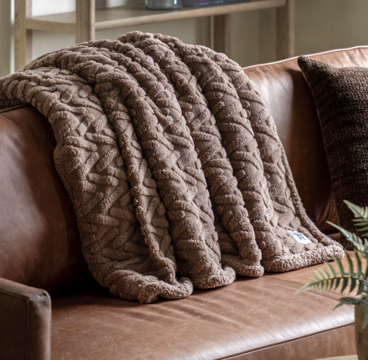 Herringbone Sherpa Throw Taupe, 140x180cm