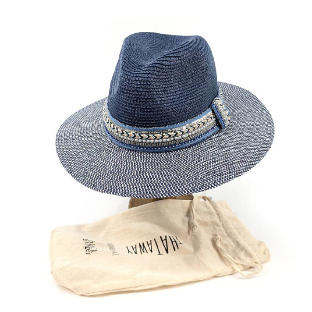 Jewelled Band Pamama Foldable Hat, Blue