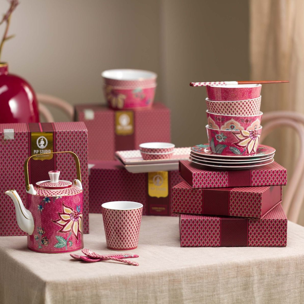 Oriental Flower Festival Set of 4 Bowls - Dark Pink