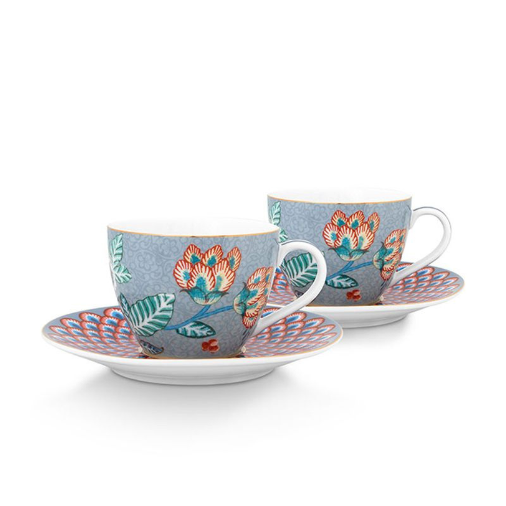 Oriental Flower Tea Cup & Saucer Set of 2 -Blue