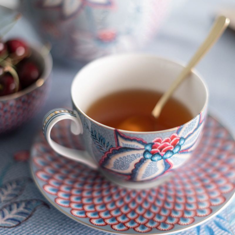 Oriental Flower Tea Cup & Saucer Set of 2 -Blue