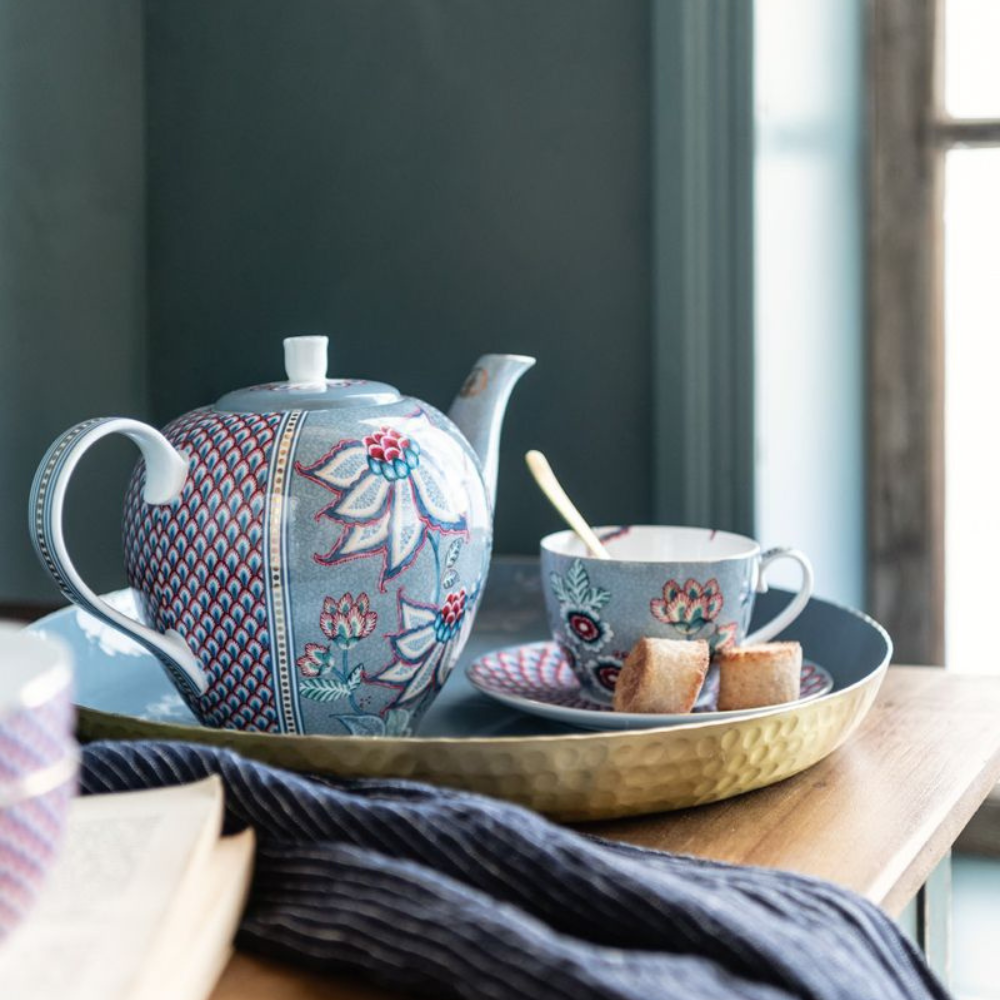 Oriental Flower Tea Cup & Saucer Set of 2 -Blue