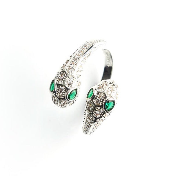 Silver Plated Serpent Ring with Green Stones