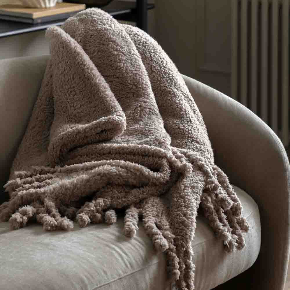 Fringed Teddy Throw Taupe, 130x170cm