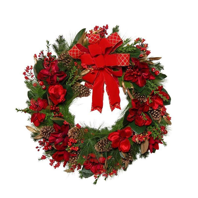 Large Red Bow Wreath with Magnolia & Berry H:87CM