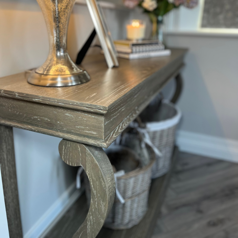 Scroll Console Table Washed Oak