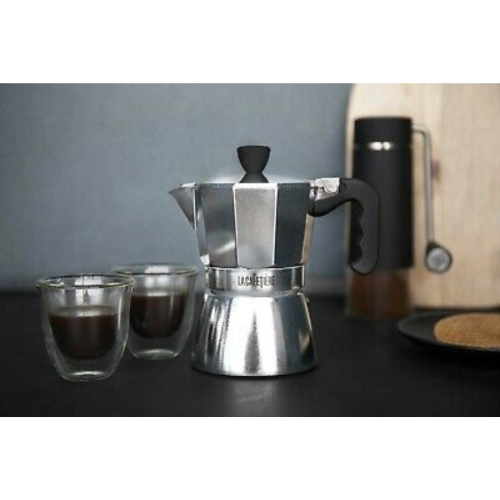 La Cafetière Coffee Gift Set with Mini Stovetop Espresso Maker and 2 Double-Wall Espresso Glasses - The Gift & Art Gallery