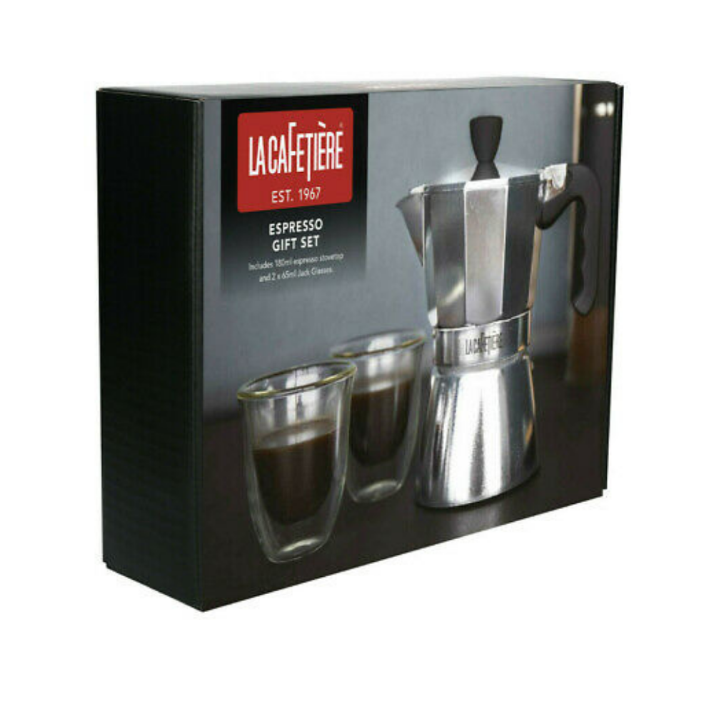 La Cafetière Coffee Gift Set with Mini Stovetop Espresso Maker and 2 Double-Wall Espresso Glasses - The Gift & Art Gallery