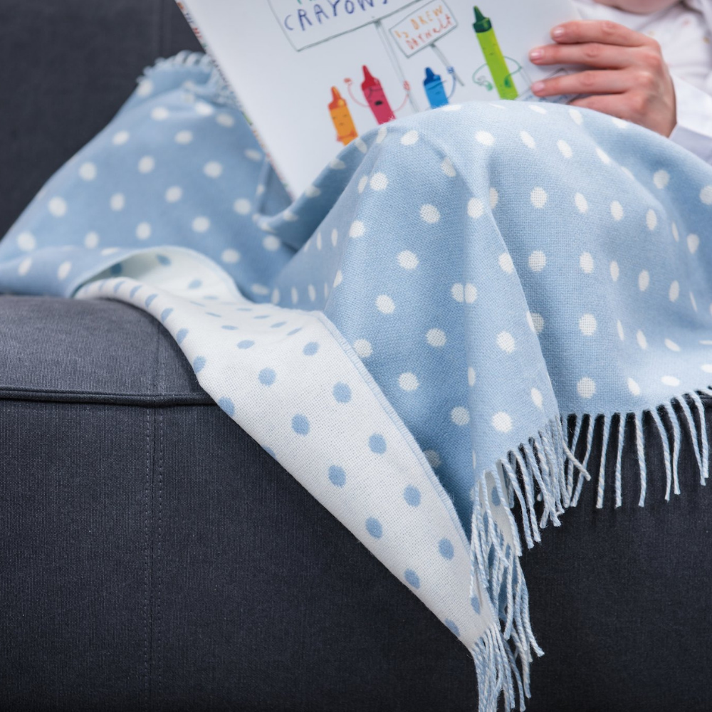 Baby Blue spot blanket, 100% Lambswool, Irish made, Foxford