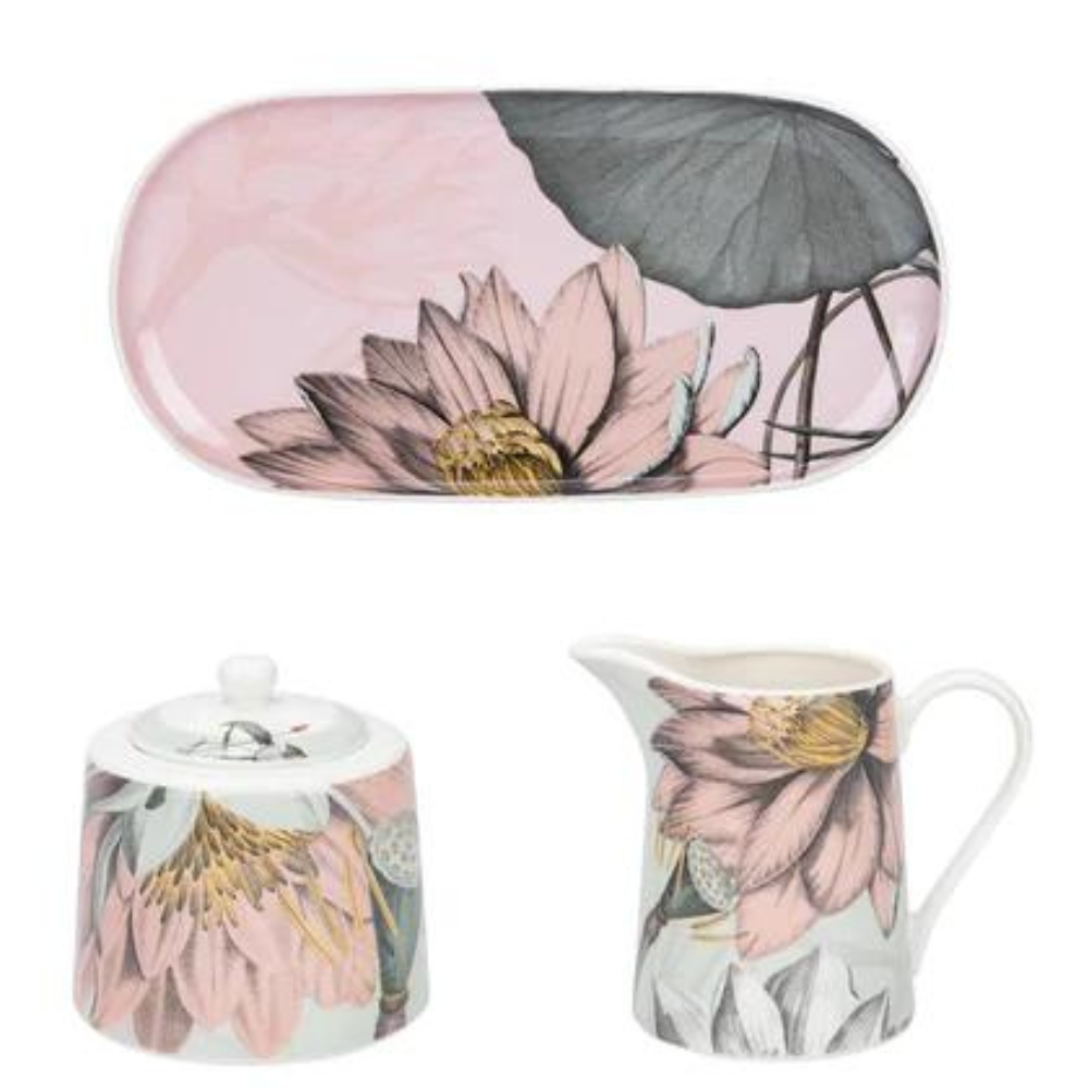 Natures Bloom Sugar Bowl, Creamer & Serving Tray Set - The Gift & Art Gallery