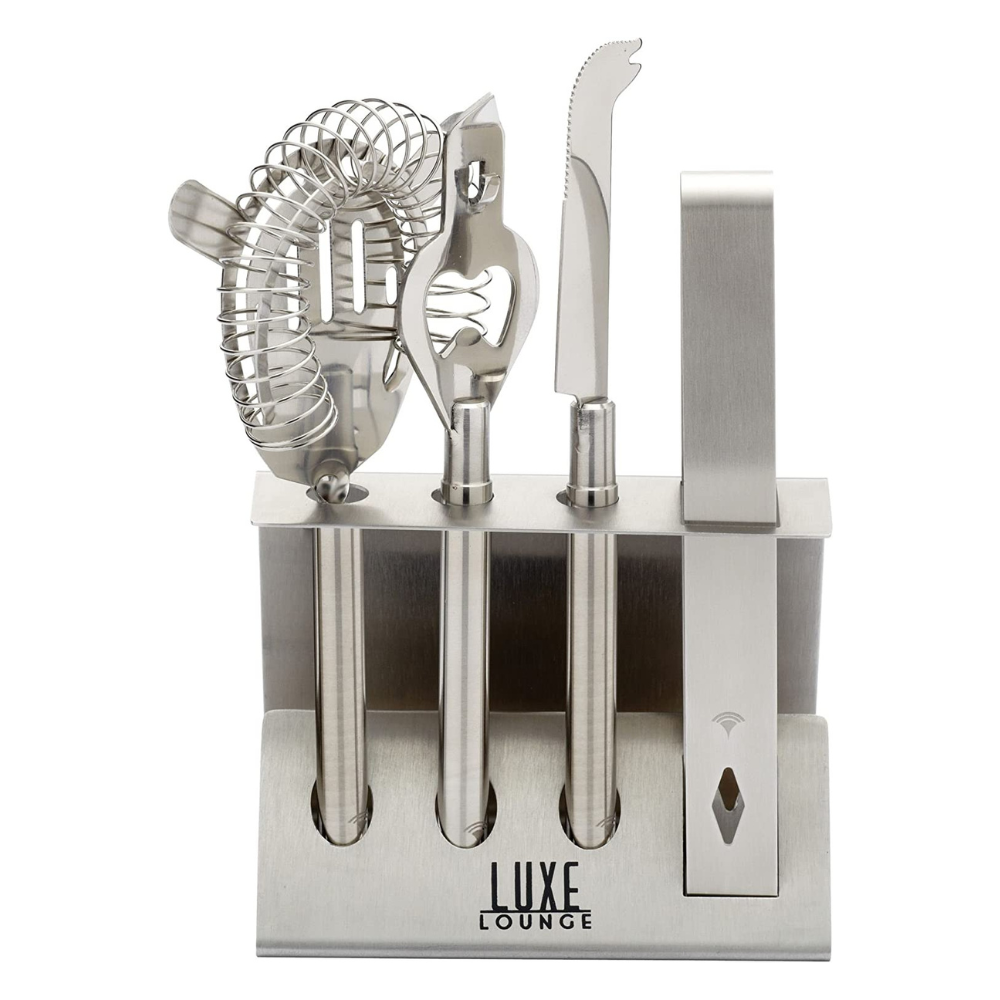 Cocktail Tool Kit with Stand and Printed Recipes (5-Piece Gift Set) - The Gift & Art Gallery