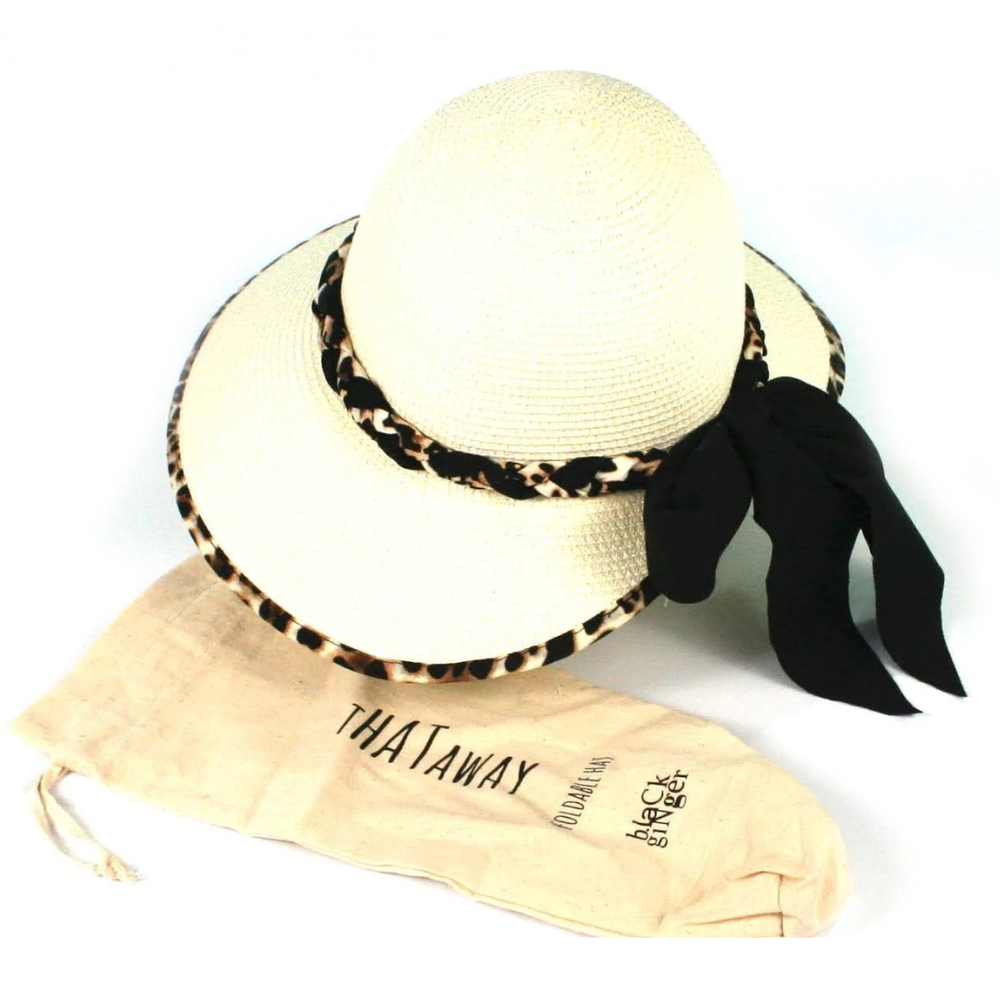 Leopard Print Foldable Hat with Bow Cream
