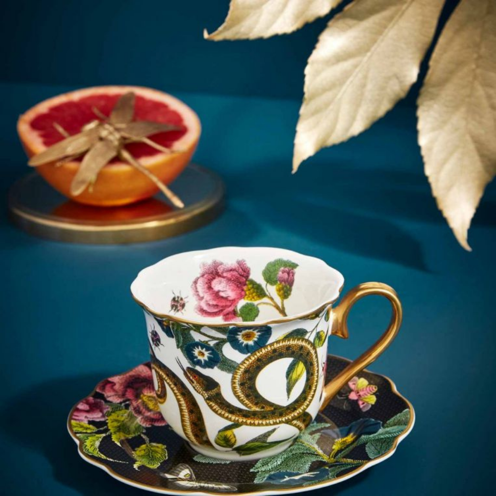 Creatures of Curiosity Dark Floral Teacup & Saucer - The Gift & Art Gallery