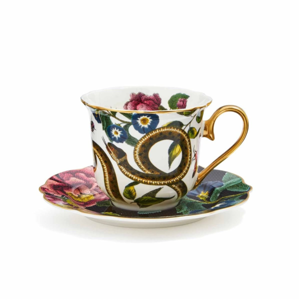 Creatures of Curiosity Dark Floral Teacup & Saucer - The Gift & Art Gallery