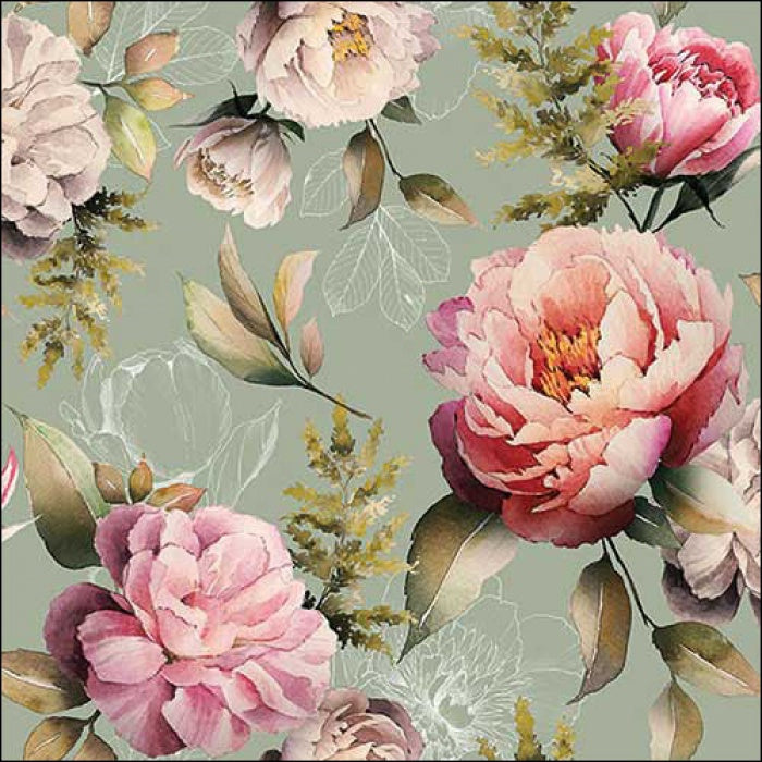 Peonies Composition Green Napkin