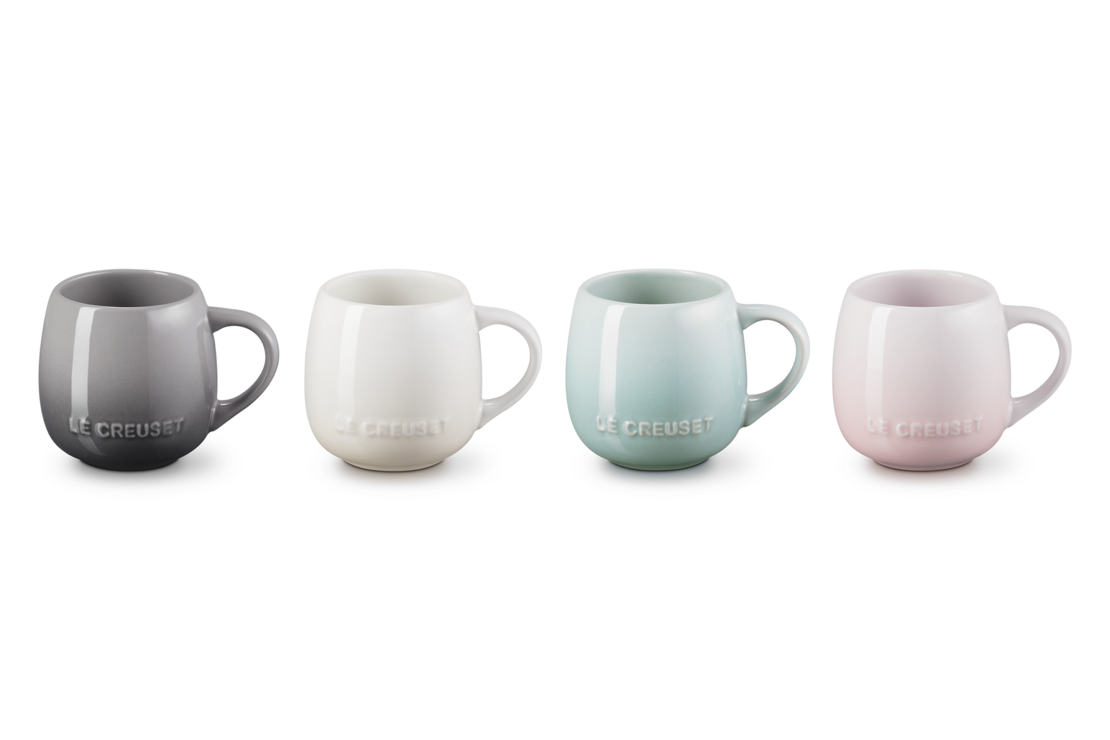 le creuset 4 320ml sphere mug meringue, shell pink, sea salt, flint