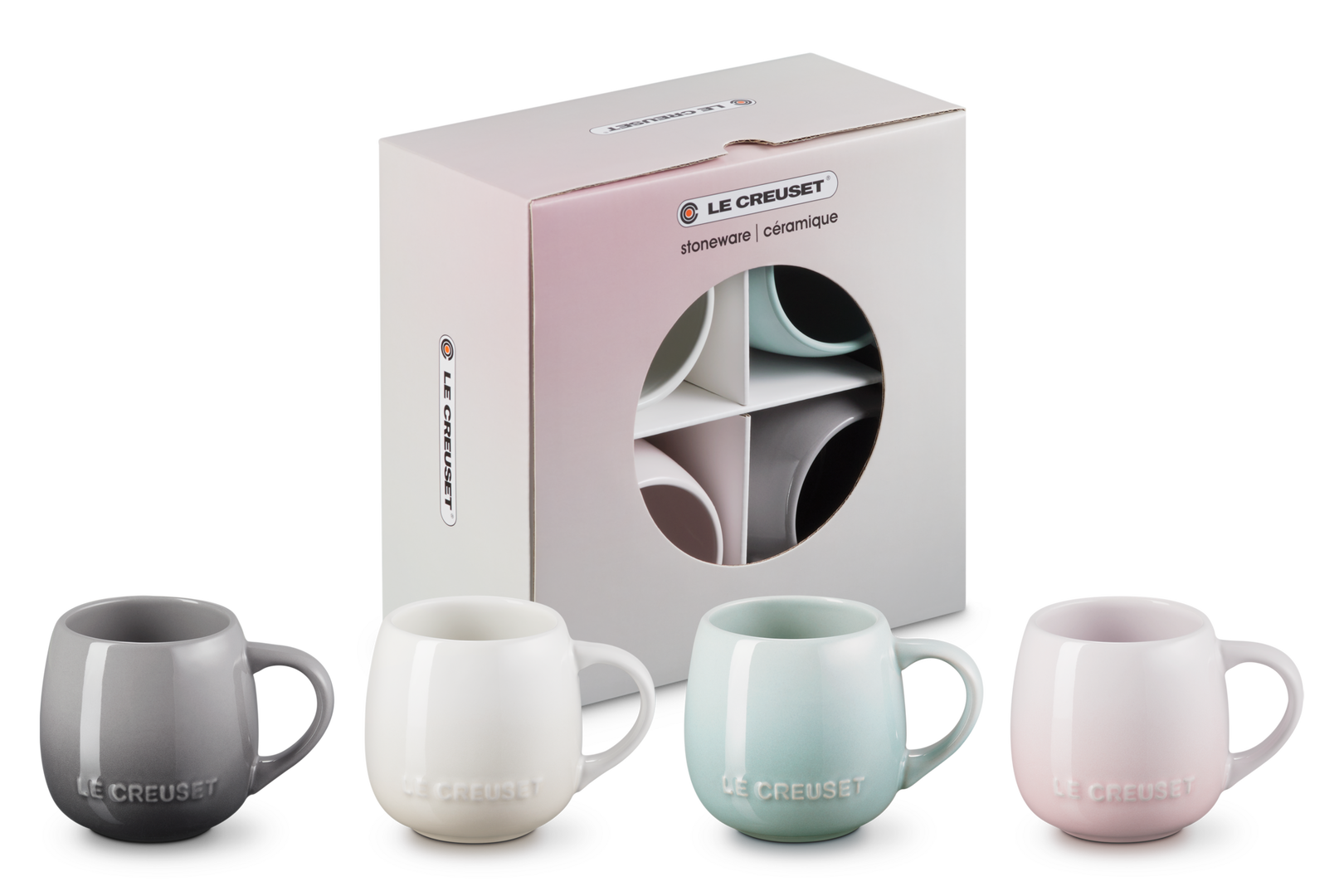 le creuset 4 320ml sphere mug meringue, shell pink, sea salt, flint