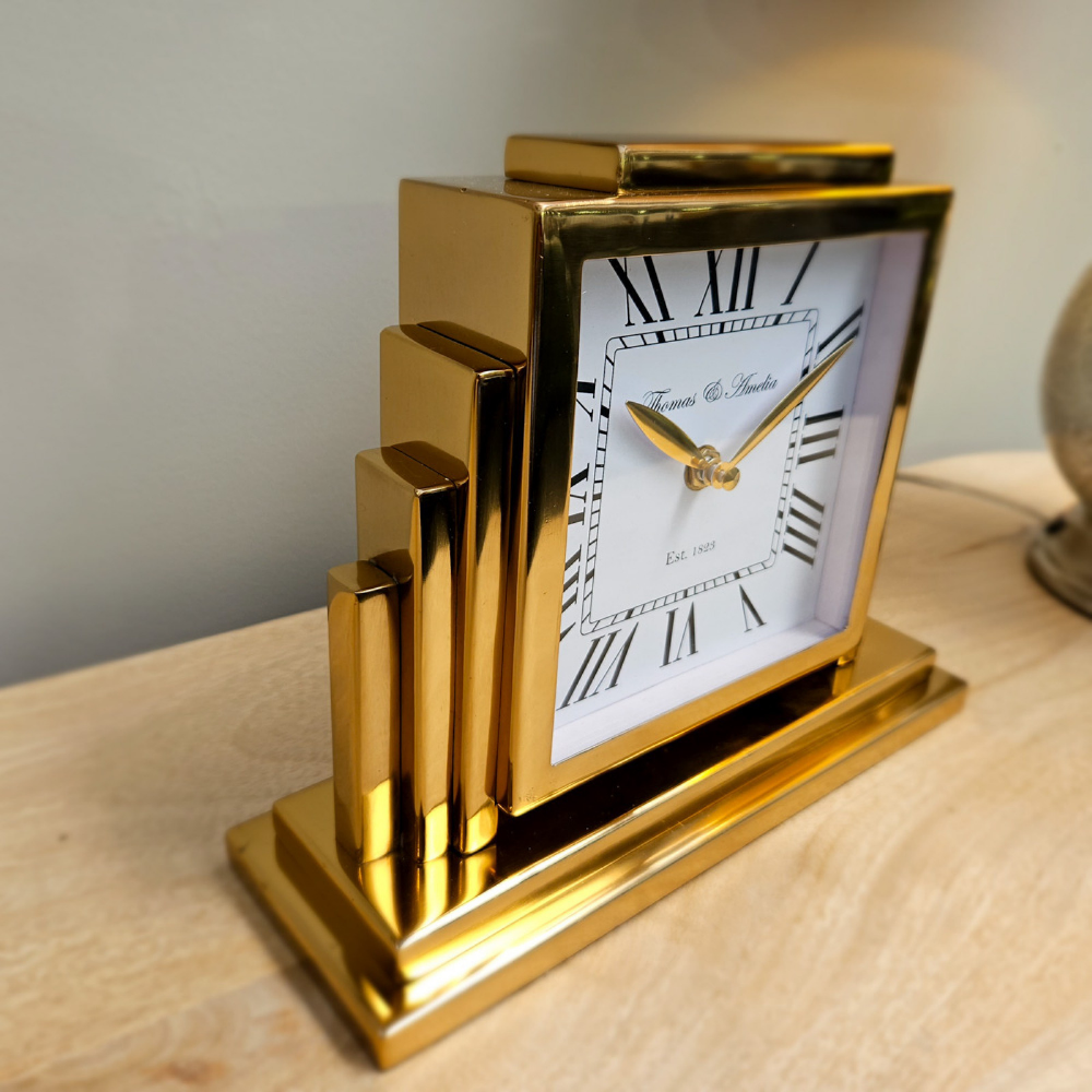Thomas & Ameila Art Deco Mantel Clock, Gold 26cm