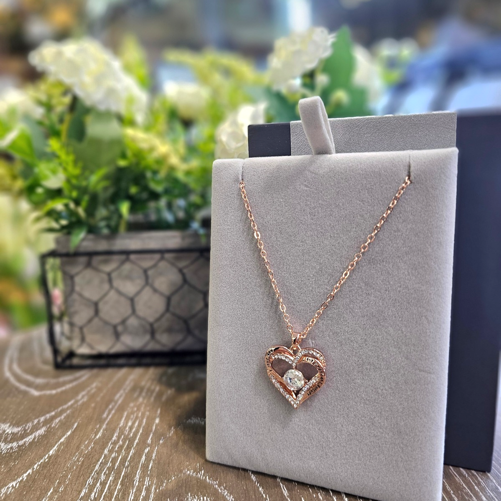 Rosegold Double Heart With Diamante Necklace