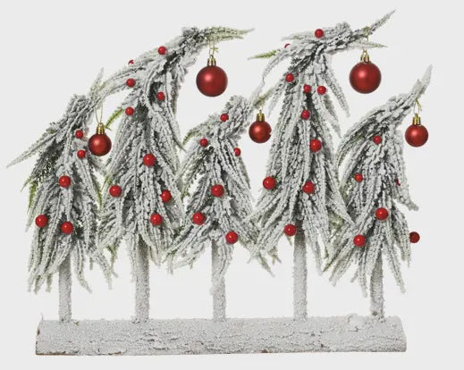 Set Of 5 Snowy Tree with Red Bauble