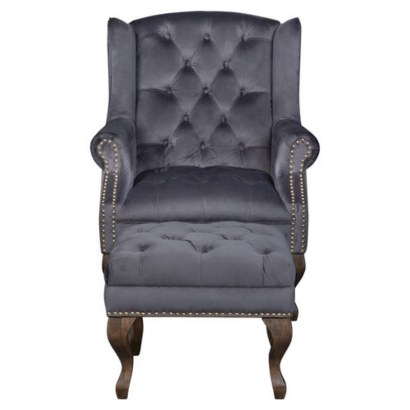 Button Back Arm Chair & Footstool- Grey