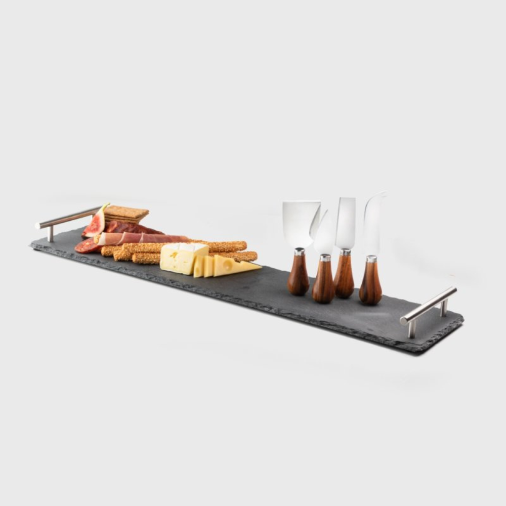Four Acacia Cheese Knives & Slate Charcuterie Board With Stainless Steel Handles