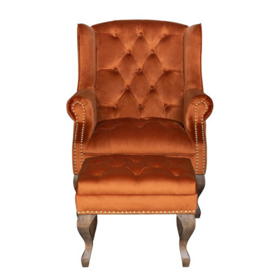Button Back Arm Chair & Footstool- Burnt Orange
