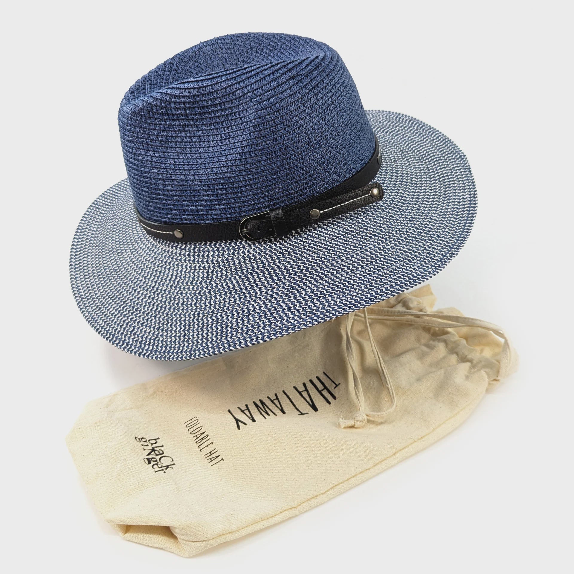 Two Tone Panama Foldable Hat - Mottled/Navy Blue with Belt