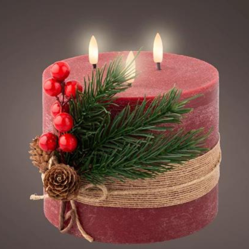 LED Oxblood Candle With Berries