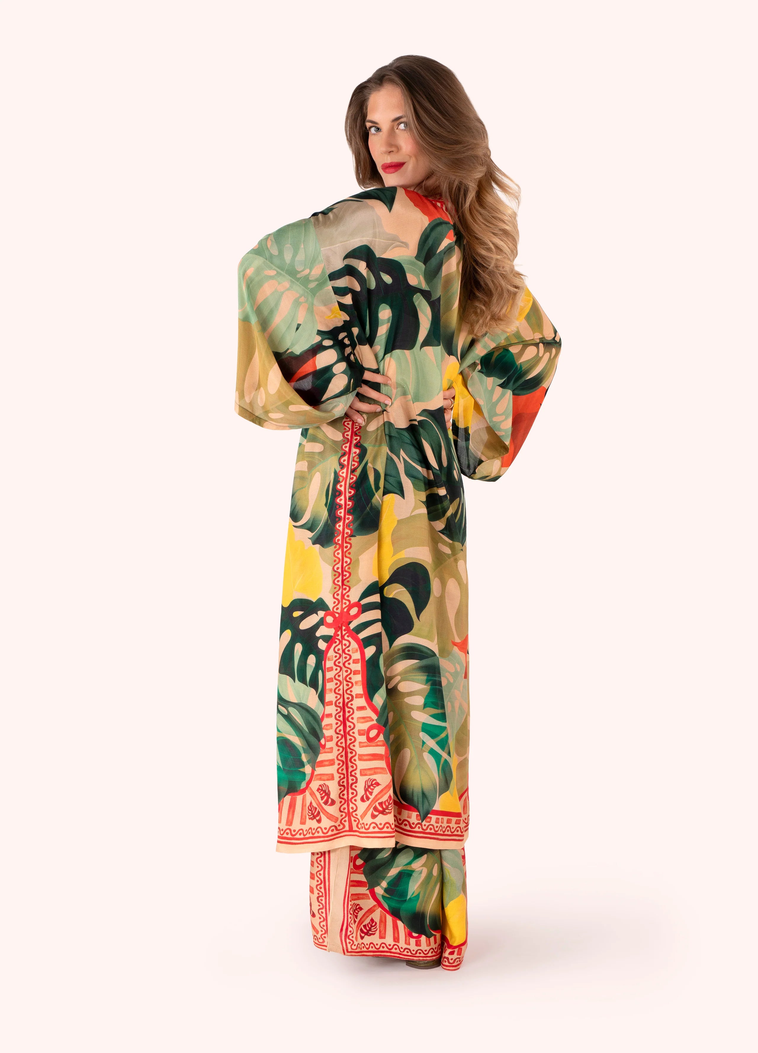 Exotic Leaves Modal/Cupro Long Kimono Gown