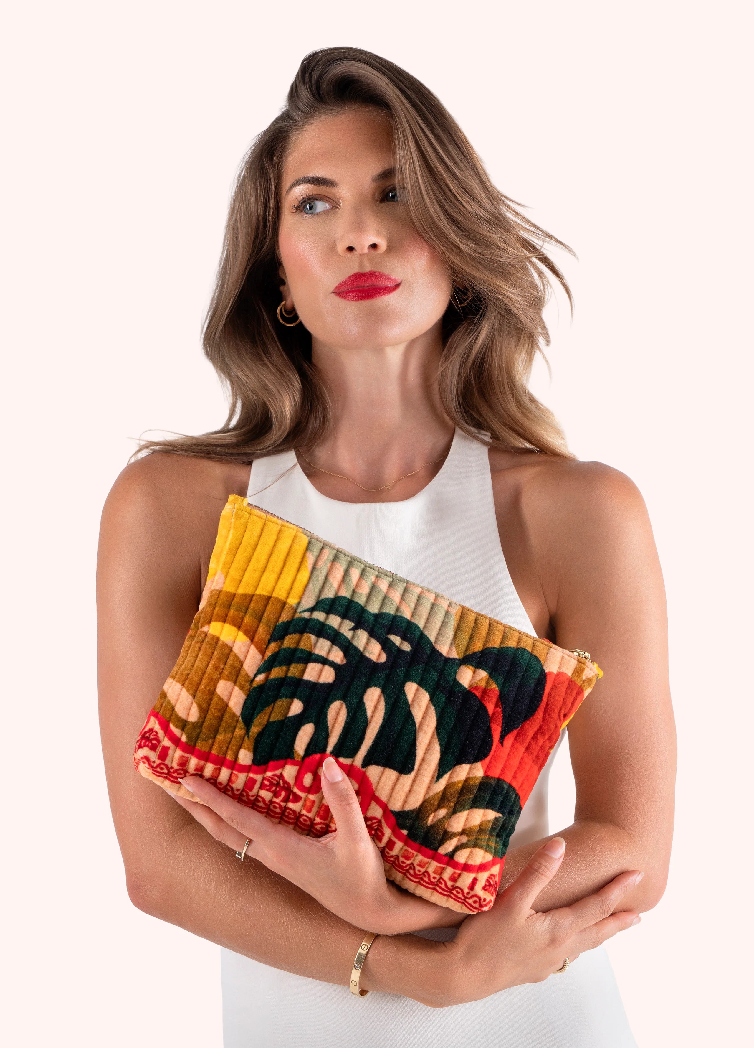 Quilted Velvet Zip Pouch - Exotic Leaves