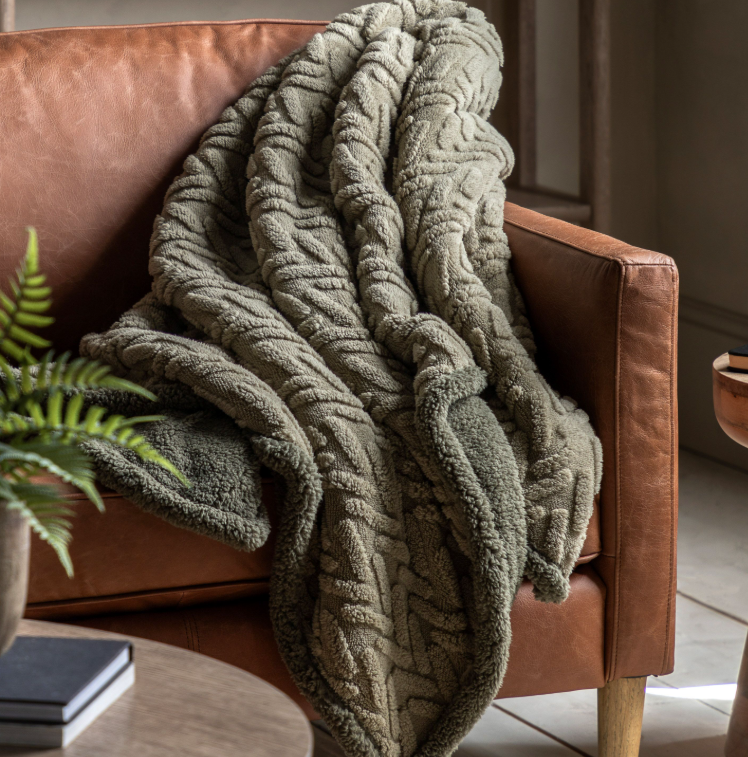 Herringbone Sherpa Throw Sage, 152x177cm