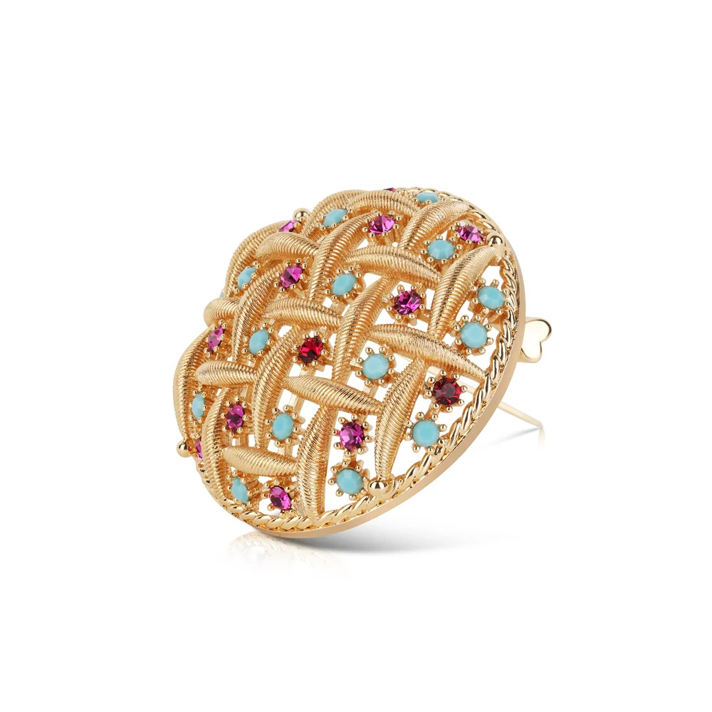 Gold Plated Round Brooch Pink And Turquoise Stones
