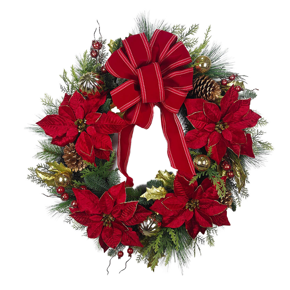 Red Poinsettia Flowers & Baubles Wreath with Lights