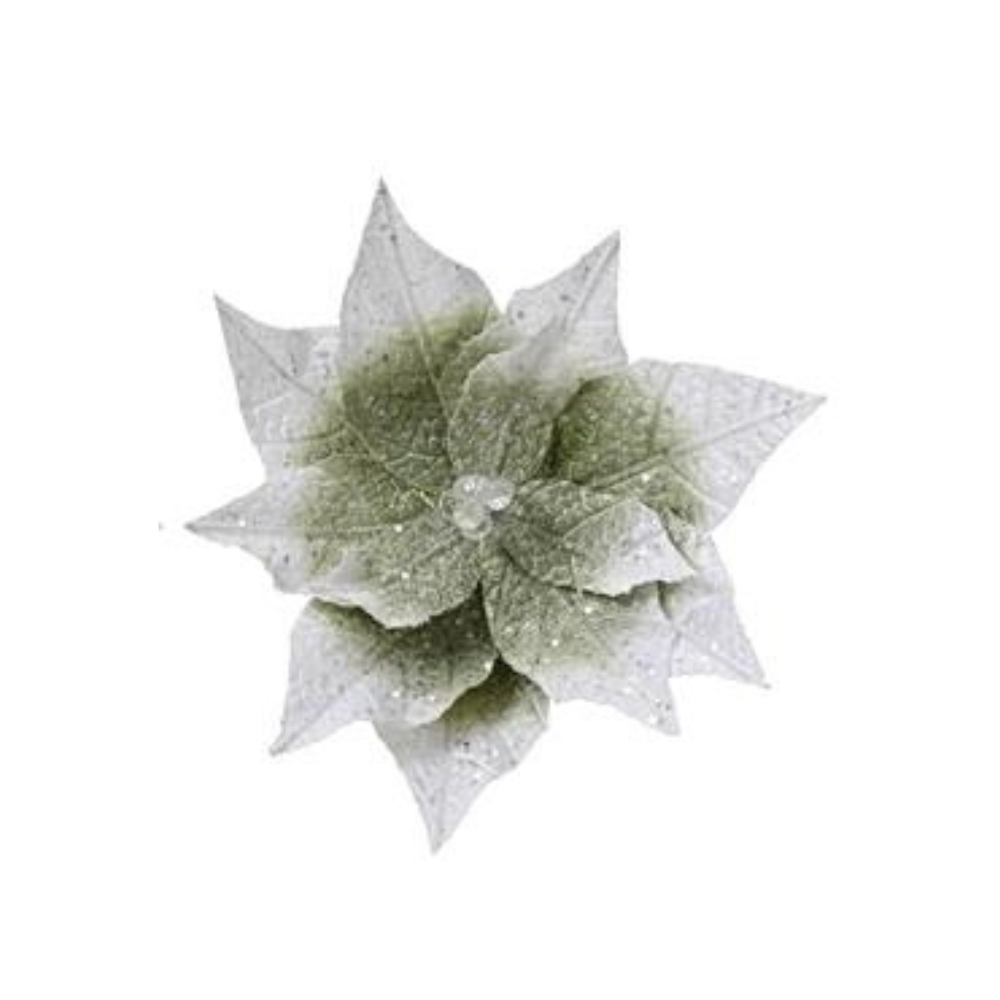 Green & White Poinsettia Clip on Flower 28cm