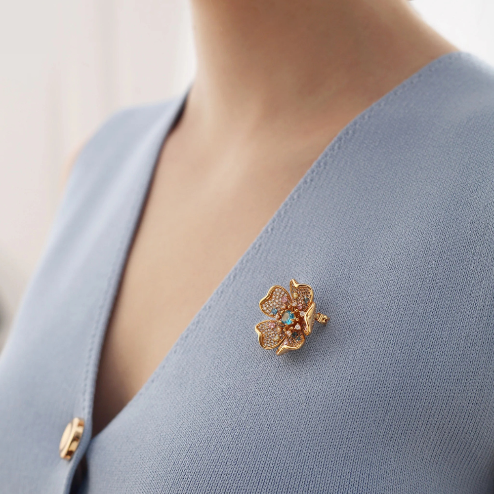 Gold Plated Floral Coloured CZ Brooch