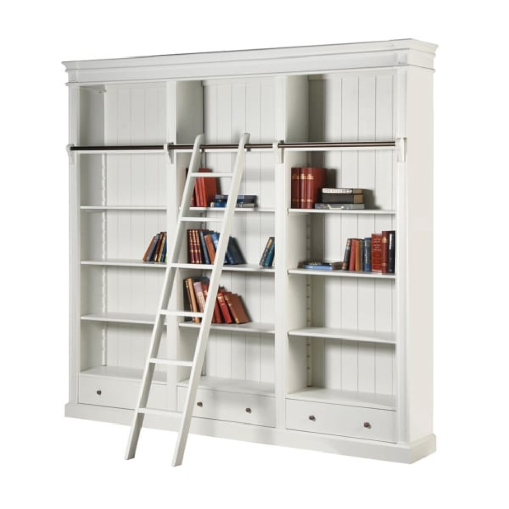 White Fayence 3 Drawer Library Bookcase with Ladder
