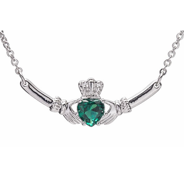 Silver Claddagh Pendant with Green Stone