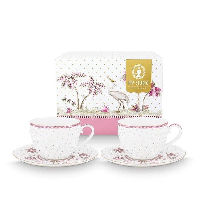 Set/2 Cups & Saucers Jolie Dots Gold Pink