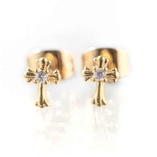 Gold Plated Cross Earrings with Clear Stones